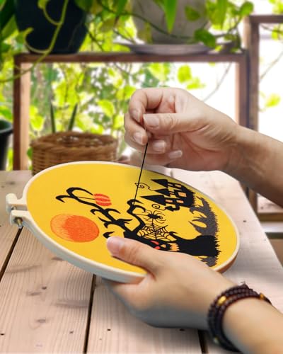 Image of TINDTOP Halloween Embroidery Kit for Adult, Embroidery Kit for Beginners | Include Embroidery Cloth Hoops Threads for Craft Lover Hand Stitch with Embroidery Skill Techniques