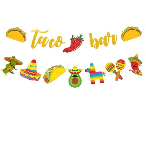 Fiesta Taco Bar Banner Garland, 2 Set Taco Bar Sign with Cactus Donkey Sombrero Taco Pepper for Mexican Fiesta Cinco de Mayo Party Decorations