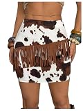 WDIRARA Women's Cow Print Mini Skirt Cowgirl Fringe Skirts Summer Western Country Concert Outfit Rust Brown Large