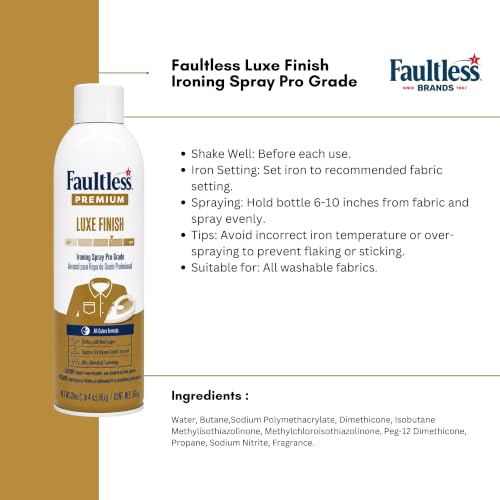 Image of Faultless Limited Edition Premium Luxe Ironing Spray Starch, 567g | Pro Grade All Color Formula | Spray & Iron for Dry Cleaner Results | Odor-Neutralizing | Wrinkle-Free | Imported from USA