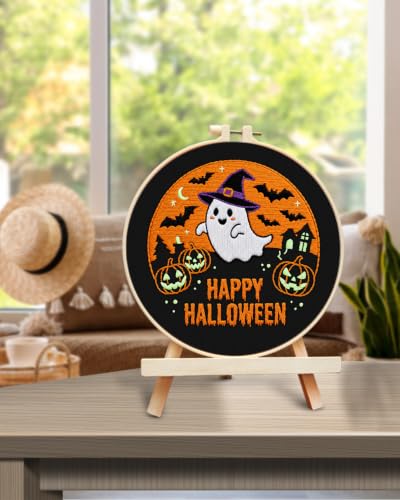 Image of TINDTOP Halloween Embroidery Kit for Adult, Embroidery DIY Starter Kit, with Stamped Patterns, Hoop, Tools, Colorful Threads with Needles, Instructions (Halloween B)