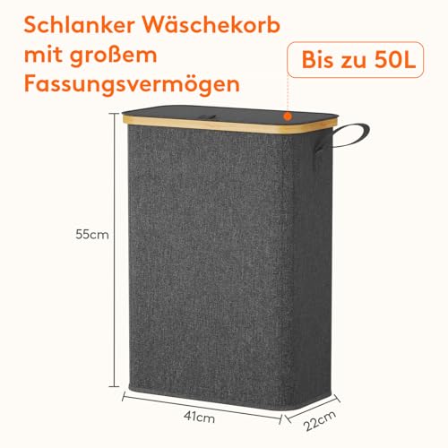 Lifewit 50L Wäschekorb Schmal mit Deckel, Faltbarer Wäschesammler Schmal mit Wäschesack, Laundry Basket Wäscheboxen aus Bambus mit Tragegriff für Apartment, Wohnheim und Wohnwagen,Dunkelgrau