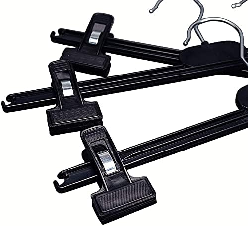 KAPCO Clip Hangers (10 Pack) (40cm wide) Black Plastic Adjustable Space Saving Clothes Organiser for Wardrobe, Kids Closet & Clothing Rail | Trouser, Skirt & Pant Hanging with Extender Clips and Hooks