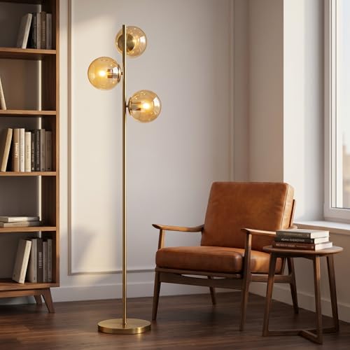 Image of BOKT Modern Brushed Brass Floor Lamp Corner 3-Light Standing Lamp with Amber Glass Globe Shade Adjustable Height Office Tall Standing Light Vintage for Living Room Bedroom Home Decor