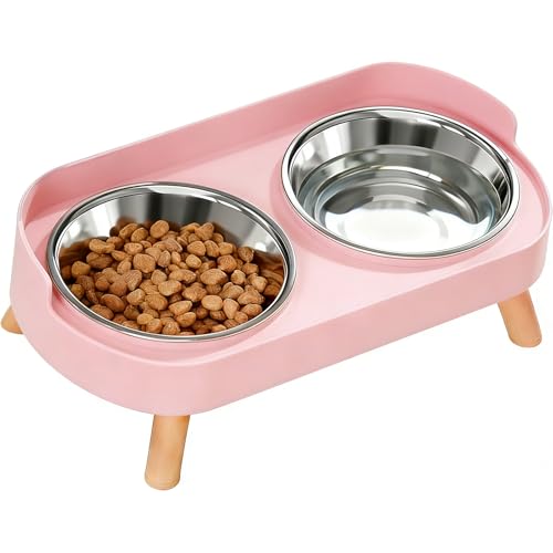 Elevated Cat Bowls 2 Stainless Steel Raised Cat Food and Water Bowl Set Splash Proof & Non-Slip Whisker Fatigue Friendly Dishwasher Safe for Cats and Small Dogs - Pink