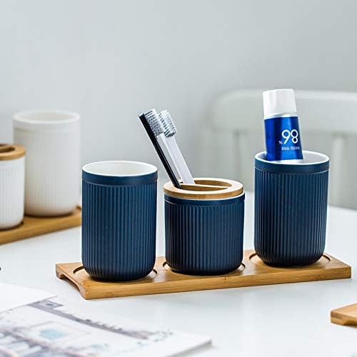 Ceramics 4 Sets of Bathroom with Bamboo Tray Soap Holder Set Bathroom Accessories Toothpaste Holder Dispenser (Color : Pink, Size : Free) (White Free) image 3