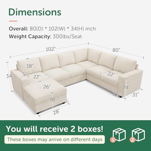 Image of HONBAY Corduroy Sectional Sofa with Storage, U Shape Sofa with Chaise, 7 Seater Sectional Couch for Living Room, Beige
