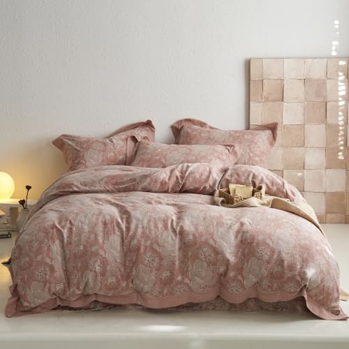 VM VOUGEMARKET Blush Pink Flower Duvet Cover Set Queen,3 Pieces Retro Jacquard Pink Floral Bedding Set,Linen Cotton Yarn-Dyed Textured Duvet Cover with Zipper Closure