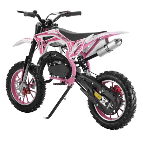 reukmuuc Kids Dirt Bike, 49cc 2-Stroke Kids Off Road Motorcycle Motorbike, Gas Power Pit Trail Bike, Off Road Mini Bike for Kids 6+, Pocket Rocket Motorbike with Front Rear Disc Brakes Pink