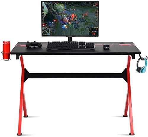 COSTWAY Gaming Desk with Cup Holder and Headphone Hook, R/K-Shaped Racing Style E-Sports PC Gamer Table, Ergonomic Study Writing Computer Workstation (Black+Bed, 115 x 66 x 77cm)