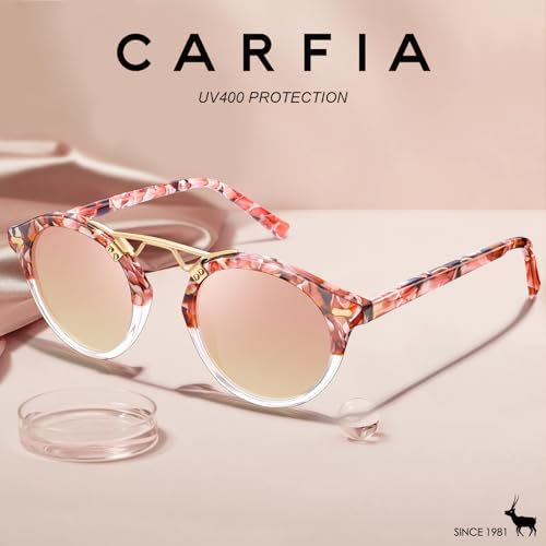 Image of CARFIA Small Face Acetate Polarized Sunglasses for Women UV Protection, Retro Double Bridge Eyewears Metal Brow Round Sunnies