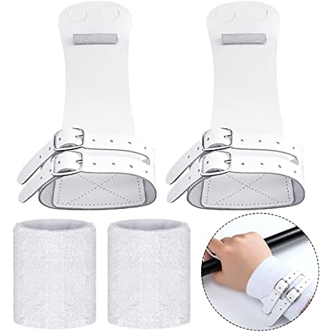 Women Uneven Double Buckle Bar Grips Gymnastics Grips Leather Grips Double Buckle Athletic Gymnastics Hand Grips with 1 Pair Gymnastics Wristbands for Grips, White Cover