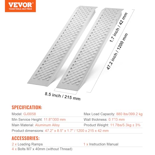 VEVOR Aluminum Ramps, 880 LBS Capacity 47.2" x 8.5" Loading Ramps for Motorcycle, Dirt Bike, Trailer, ATV, UTV, Garden Tractor and Lawn Mower, 2PCS by VEVOR - Image 8