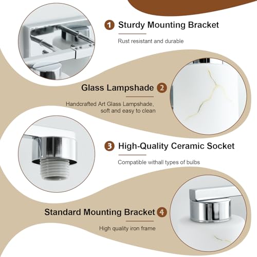 Image of 4-Light Bathroom Light Fixtures, Modern Vanity Lights, Chrome Metal Wall Lamp with White Marble Glass for Bathroom, Mirror, Living Room, Bedroom, Cabinet, Porch, Hallway, E26 Base