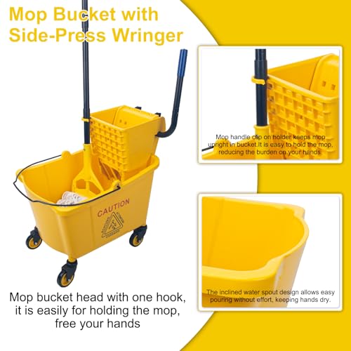 KeFanta 35 Quart Commercial Mop Bucket with Side Press Wringer on Wheels,Yellow,Include Heavy Duty Industrial Mop for Floor Cleaning,Household,Business,Restaurants and Janitorial Use