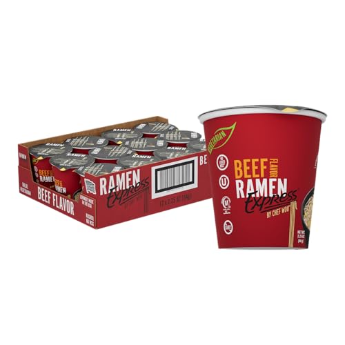 RAMEN EXPRESS Beef Flavor Ramen Cup Noodle, 2.25 Oz Each (Pack Of 12) by Chef Woo | Vegetarian Ramen Noodles | No Added MSG | Halal | Egg-Free and Dairy-Free