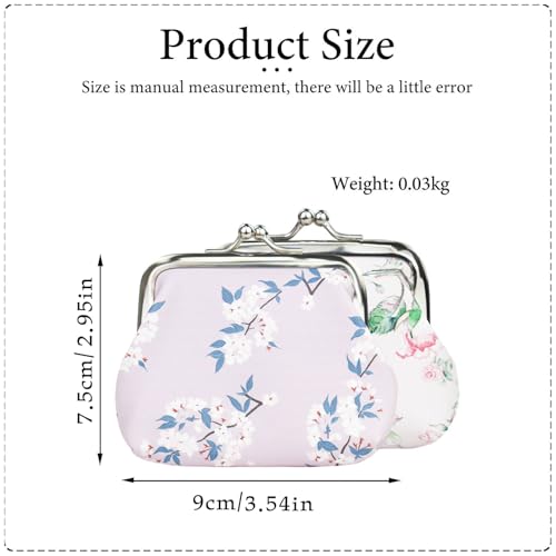 Image of FuninCrea 2 Pcs Faux Leather Coin Purse for Women with Kiss Lock, Floral Pattern Change and Coin Wallet Double Clasp Closure Mini Wallet for Cash Key (Rose+Light Purple)