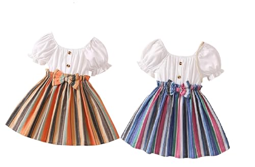Image of TAGAS Toddler Girls Striped Print Puff Sleeve Bow Front Dress || Stripe Pattern Dress for Kids || A Line Dress || Puff Sleeve Dress for Kids || Casual Dress (KD-202)