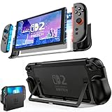 FIWWAT Dockable Protective Case for Nintendo Switch 2, TPU Ergonomic Grip Cover with Foldable JoyCon Holder Design, Slim Shockproof Hard Shell fit for Switch 2 Console & Kickstand - Matte Black