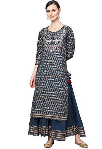 Image of ishin Women's Rayon Black Embellished A-Line Kurta Palazzo Set