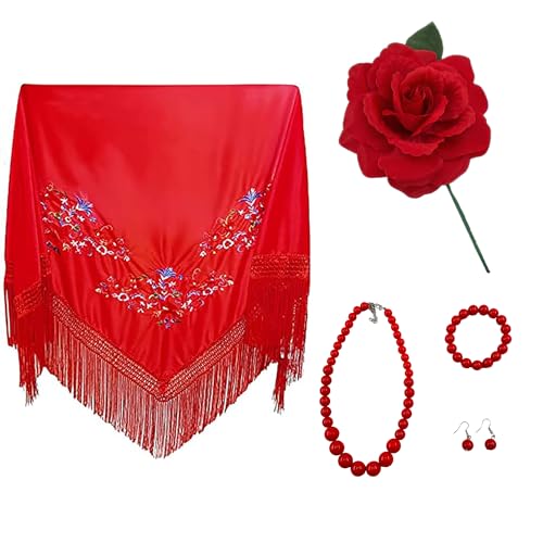 Pack accesorios flamenca mujer para feria de abril, mantón, Flor Rosa artificial con palo, bisutería perlas de plástico, traje flamenco, sevillanas (Pack Rojo Flor Roja 6pcs, Mantón 150*70)