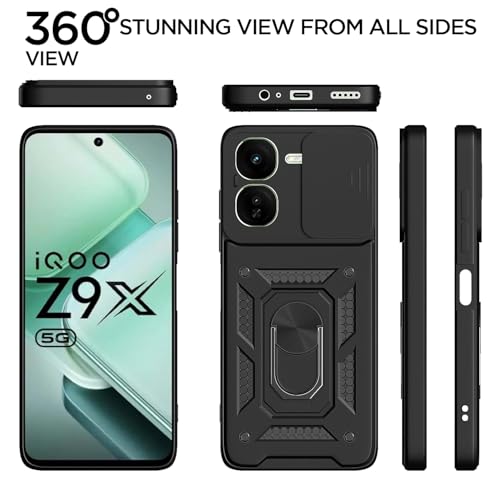Image of Pikkme D10 Tough Armor Bumper Case | 360 Protection Case | Sliding Camera Shield Cover & Ring Holder Stand Back Cover for iQOO Z9X 5G (Black)