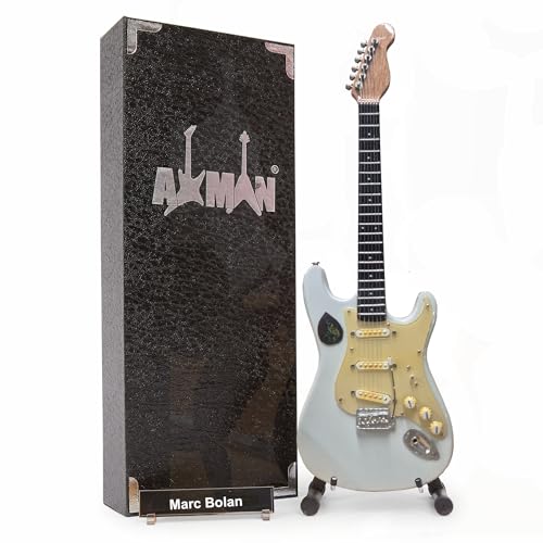 Marc Bolan (T. Rex) Sonic Blue S-Style - Miniature Guitar Replica - Music Gifts - Handmade Ornamental 1/4 Scale - Includes a Display Box, Name Tag and Miniature Guitar Stand