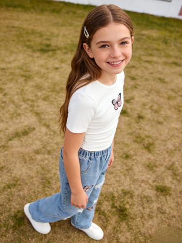 Image of Azmxynol Tween Girl Clothes Short Sleeve Top + Butterfly Design Jeans 2 Pieces Spring Summer Outfit Set, Size 6-16 Years