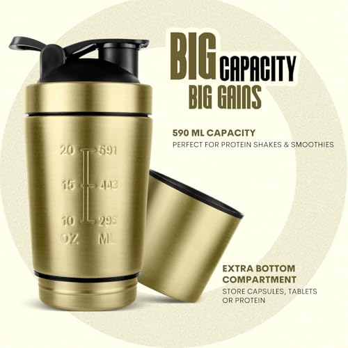 Image of Stainless Steel Shaker Bottle for Protein, 590ml Water Bottle with Extra Compartment | Leak-Proof, BPA-Free, Durable, and Multi-Functional for Protein Shakes (Golden)