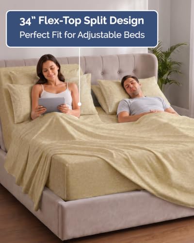 Image of Extra Deep Flex Top Split Head King Sheet Set - 6 Piece Breathable and Cooling Sheets - Hotel Luxury Bedding for Women, Men, Kids & Teens - Easy Secure Fit - Extra Deep Pockets - Heathered Tan