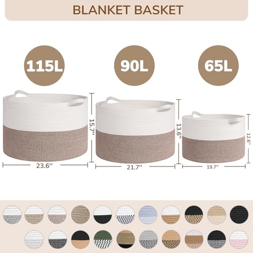 Image of INDRESSME 115L Extra Large Cotton Rope Blanket Basket, Woven Storage for Living Room Toy Baskets Kids Baby Laundry Hamper for Dirty Clothes, Pillows, White & Black