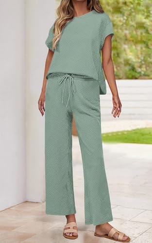 Image of PRETTYGARDEN 2 Piece Outfits For Women Casual Tracksuit Short Sleeve Tops And Wide Leg Long Pants Matching Lounge Sets
