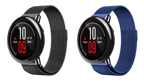 Image of ACM Pack of 2 Watch Strap Magnetic Loop 20mm compatible with Compaq Q Watch Smartwatch Metal Chain Band (Black /Blue)