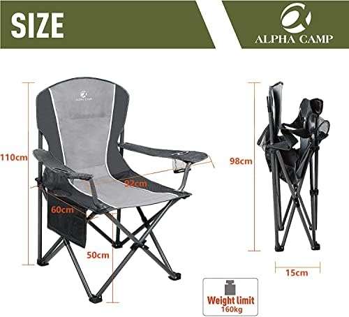 ALPHA CAMP Camping Folding Chair for Heavy People Portable Heavy Duty Chair Support 160 KG Oversized camp chair Outdoor for Adult with Cup Holder and Side Pocket(Black)