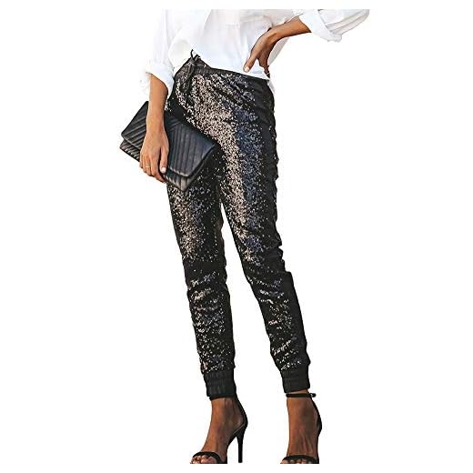ALLUMK Women's Spakle Sequin Punk Style Crop Jogger Pants with Drawstring XL Black