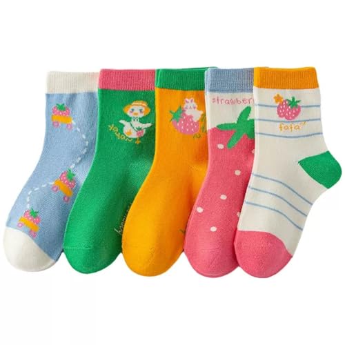 5 Pairs Girls' Crew Socks for 1-14 Years Old for Spring Fall, Cute Cartoon Strawberry Mid Calf Socks for Kids Toddler4