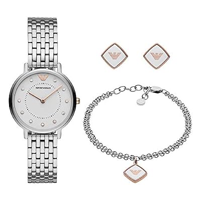Emporio Armani Orologio da donna, movimento al quarzo a due lancette da 32 mm con cinturino in acciaio, 32 mm, Set tono argento e grigio chiaro