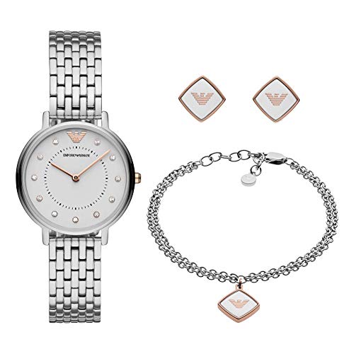 Emporio Armani Orologio da donna, movimento al quarzo a due lancette da 32 mm con cinturino in acciaio, 32 mm, Set tono argento e grigio chiaro