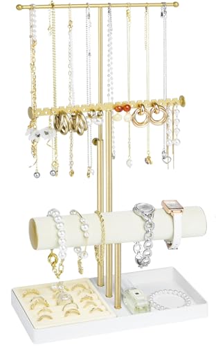 Jenseits Jewelry Organizer Stand Necklace Holder Organizer, 3-Tier Earrings Organizer w/Bracelet Storage Display & Velvet Ring Tray, Cute Metal Aesthetic Jewelry Tower Rack for Women Girls - Gold