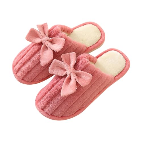 Women Textured Warm Winter Slipper with Bow Embellished Fleece Lining Casual Lightweight Slide Comfy Shoe