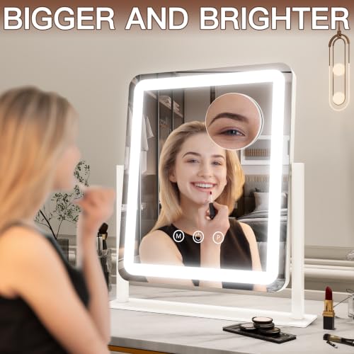 Image of FENNIO Vanity Mirror with Lights - 15 inchx12.6 inch LED Lighted Makeup Mirror, Large Makeup Mirror with Lights, Touch Screen with 3-Color Lighting, Dimmable, for Vanity Desk Tabletop, Bedroom