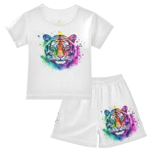 Watercolor Animal Colorful Pajama Set Short Sleeve Pajamas Shorts Sets Cotton Soft Loungewear Sleepwear 5Y