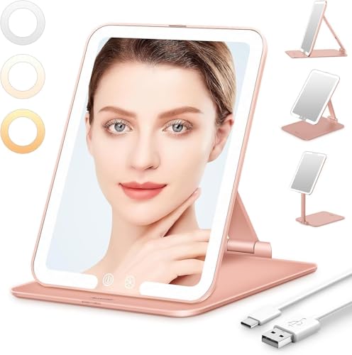 Auxmir Rechargeable Makeup Vanity Mirror Portable Travel Mirror 3 Color Lighting Dimming Touch Screen Folding Rotating Lighted Beauty Mirror with Stand for Home Travel(Rose Gold)
