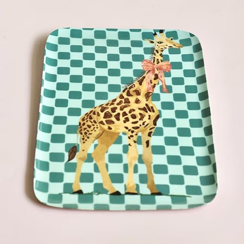 Image of The Wishing Chair High Society Metal Wall Plate | Decorative Iron Wall Art with Giraffe Design & Teal Checkered Pattern | Quirky Animal Wall Hanging Decor for Living Room, Bedroom & Kids Room
