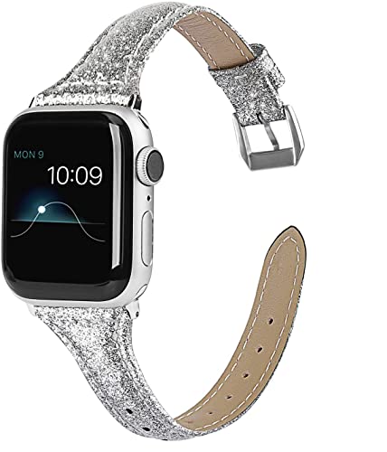 Wearlizer Thin Glitter Leather Compatible with Apple Watch Leather Bands Women 38mm 40mm 41mm 42mm...