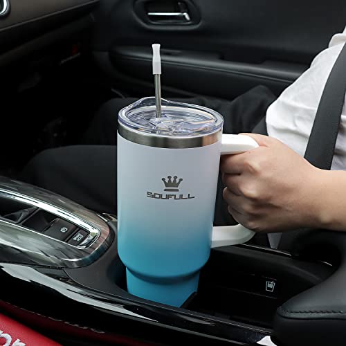 40 Oz Tumbler With Handle And Straw Lid, 100% Leak-Proof Travel Coffee Mug, Stainless Steel Insulated Cup For Hot And Cold Beverages, Keeps Cold For 34Hrs Or Hot For 10Hrs, Dishwasher Safe (Whiteblue) #TOP7