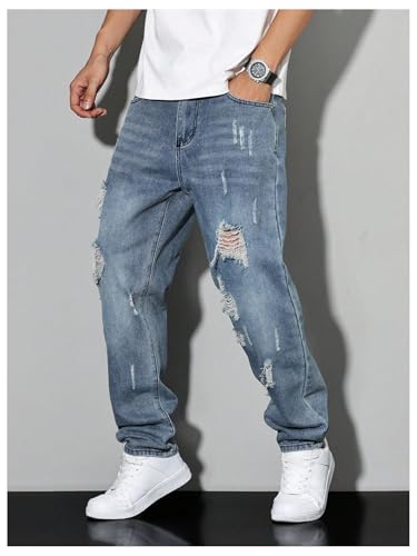 Verdusa Men's Vintage Distressed Ripped Jeans Straight Leg Denim Pants with Pockets3