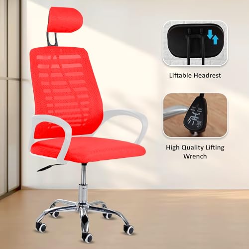 Image of Casa Copenhagen,Mesh Office Desk Chair,Rocking Chairs Ergonomic Computer Chair Adjustable High with Headrest and Comfortable Armrest Swivel Chair - Red & White Handle