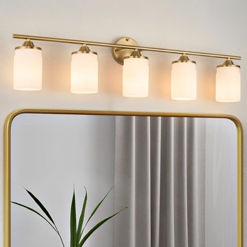 Image of Jonsi Gold Bathroom Light Fixtures 5-Light Vanity Lights Modern Wall Sconce with Milk White Shade Brushed Brass Bathroom Light Fixture Over Mirror for Bedroom Hallway Kitchen