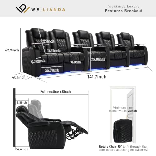 Image of Weilianda Home Theater Seating, Top Grain Leather Movie Theater Chair | Black Row of 5 Loveseat Left, Zero Gravity, Power Headrest, Tray Table, Electric Reclining Seat for Media Room